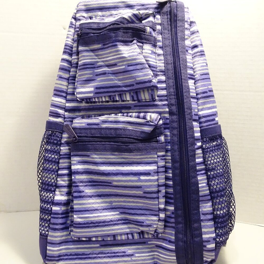 Thirty One White Purple Gray Geo Stripe Sling Back Nylon Purse Crossbody Bag